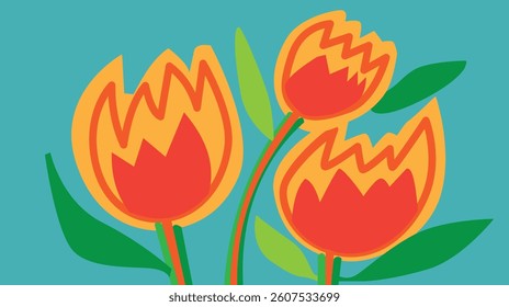 Stylized red and orange tulips with green leaves are growing on a turquoise background, evoking a sense of warmth and vibrancy with their bold colors and simple shapes
