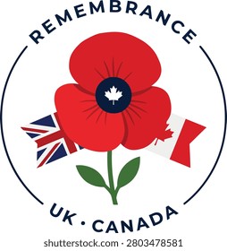 A stylized red poppy with a dark blue center and green leaves is the central element. Behind the poppy, the Union Jack and the Canadian flag are depicted as waving ribbons. The entire design is enclosed within a navy blue circular border, with the words 