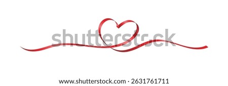A stylized red ribbon forming a heart shape, with a flowing ribbon below it. The design is simple and elegant, suitable for romantic themes.