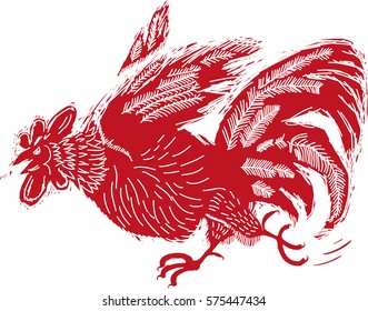 stylized red rooster fighting in the style of woodcut
