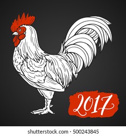 Stylized red rooster hand drawn in lines on dark background.. 2017 symbol. Vector illustration. Can be used for website background, greeting cards, calendar, printing