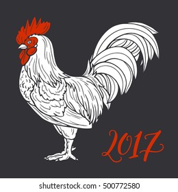Stylized red rooster hand drawn in lines isolated on white background. 2017 symbol. Vector illustration. Can be used for website background, greeting cards, calendar, printing