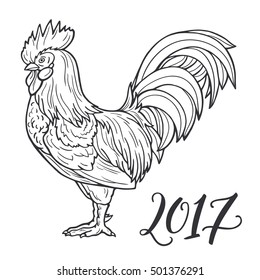 Stylized red rooster hand drawn in lines isolated on white background. 2017 symbol. Vector illustration. Can be used for website background, greeting cards, calendar, printing