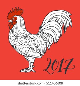 Stylized red rooster hand drawn in lines. 2017 symbol. Vector illustration. Can be used for website background, greeting cards, calendar, printing