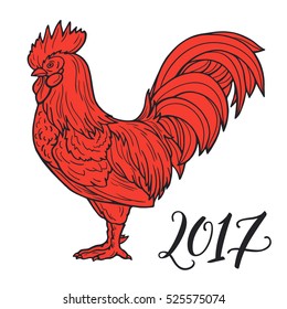 Stylized red rooster hand drawn in lines isolated on white background. 2017 symbol. Vector illustration. Can be used for website background, greeting cards, calendar, printing