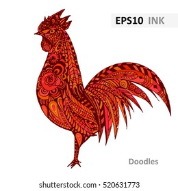 stylized red rooster on a light background.  hand drawn image of a fire rooster, the symbol of New year 2017