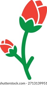 Brotes estilizados de rosas rojas sobre un tallo verde con hojas sobre un fondo blanco.