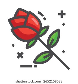 Stylized Red Rose with Green Leaves and Geometric Accents Illust