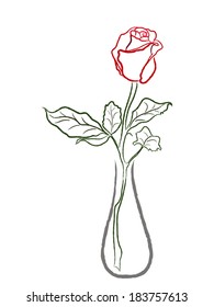 Stylized red rose in a vase isolated on white background, hand drawing vector illustration