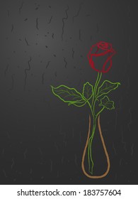 Stylized red rose in a vase over abstract dark grey background, hand drawing vector illustration