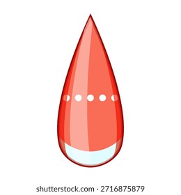 Gota de lágrima roja estilizada con reflejo azul claro brillante en la base y una banda curva de puntos blancos, elegante icono de gota decorativa para usos de belleza, cosméticos o de diseño líquido