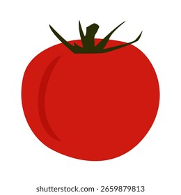 A stylized, red tomato with green stem and shadow.
