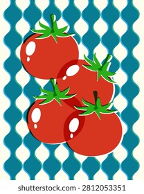 Stylized red tomatoes with green stems over blue geometric patterns in a vintage risograph style.