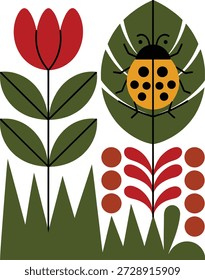 Stylized red tulip and ladybug on green leaf with abstract foliage red flower insect