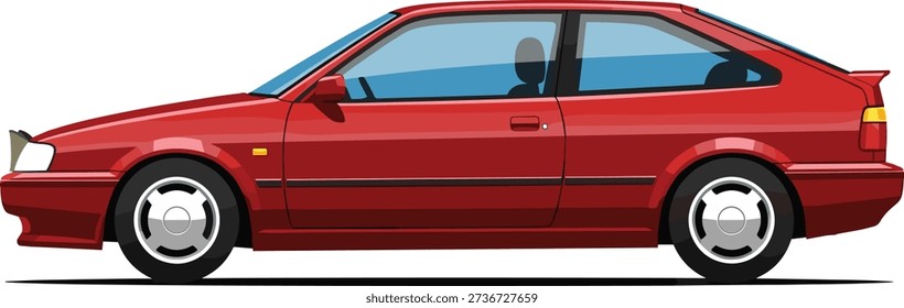 Stylized red two-door hatchback car with sleek compact body, silver hubcaps, and black mirrors on white background