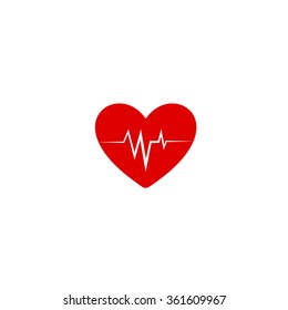 Stylized red vector pulsating heart logo. Isolated heartbeat image. Cardiogram symbol. Medical logotype. Illustration for St. Valentines Day.