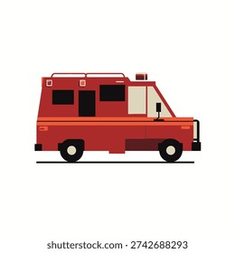 A stylized red vehicle with two wheels, square windows, and a boxy body. It has a high roof