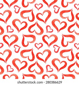 Stylized red watercolor hearts vector seamless pattern. Valentine day background.
