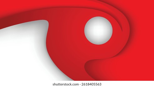 Stylized red and white abstract design incorporating curved flowing forms and a prominent circular element, conveying dynamic motion, modern aesthetics, and bold contrasts.