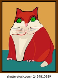 A stylized red and white cat with striking green eyes sits against a yellow and brown backdrop. Its cartoonish appearance is characterized by bold outlines and flat colors, giving it a modern, graphic