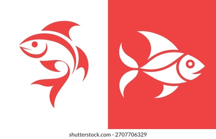 Ilustraciones estilizadas de peces rojos y blancos, uno mirando a la izquierda, el otro a la derecha