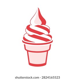 Stylized red and white swirl soft serve ice cream cone illustration, sweet summer dessert icon.