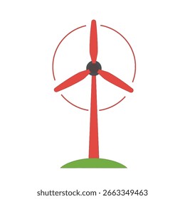 Turbina de viento roja estilizada con tres palas en una colina verde, un f