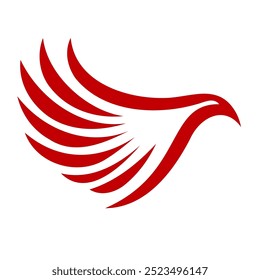 Stylized red wing design symbolizing freedom and inspiration, positioned against a white background