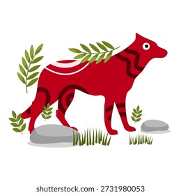 figura de lobo vermelho estilizado em pé sobre rochas cinzentas com elementos vegetais verdes