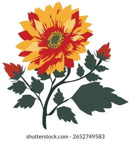 Flor vermelha e amarela estilizada com botões, ilustração botânica minimalista, humor vibrante de verão.