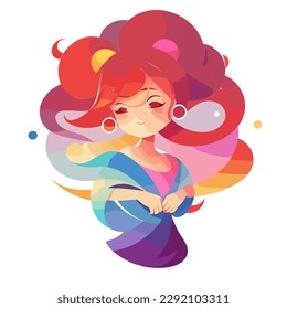 Chica de pelo rojizo estilizada con olas abstractas. Largo cabello rojo. Moda, marca de ropa, símbolo del logo, imagen de fantasía de un personaje de moda o de cuento de hadas. Diseño para cosméticos y moda o libros