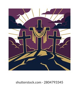 A stylized religious illustration depicting three wooden crosses on a hill at sunset with a draped cloth on the center cross representing the resurrection of Jesus Christ