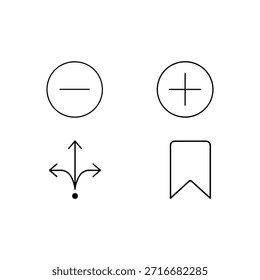 Iconos estilizados de eliminar, agregar, dirección y marcador
Cuatro iconos en una cuadrícula de 2x2: círculo menos, círculo más, flechas multidireccionales y marcador. Símbolos comunes para aplicaciones digitales.