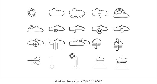 stylized rendering of sun, cumulus and snowflakes. Trendy fluffy bubble clouds, wind symbol, raindrops. Compact isolated vector set