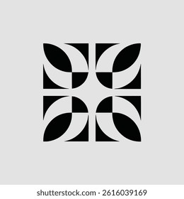 A stylized, repeating black and white square design with intersecting, curved leaf-like elements and a symmetrical composition.