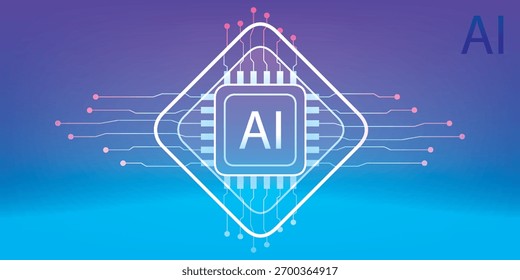 A stylized representation of an Artificial Intelligence processor chip, featuring intricate glowing circuit lines and a digital network emanating outwards.