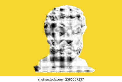 A stylized representation of a classical bust, featuring a male figure with a beard and curly hair, set against a bright yellow background.