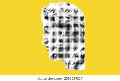 A stylized representation of a classical sculpture head in a dotted pattern against a bright yellow background.