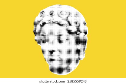 A stylized representation of a classical statue's head, featuring a dotted pattern on a bright yellow background.