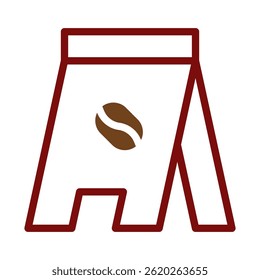 Stylized representation of coffee bag with bean emblem, simple design icon