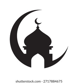 a stylized representation of a crescent moon with a small crescent moon and a dome underneath it. The design is minimalist and monochromatic, using black and white colors. The larger crescent moon forms the outer shape, while a smaller crescent moon is positioned at the top center.