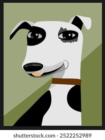 A stylized representation of a dog with black and white patches features prominently, set against a green background. The dog wears a brown collar and has a playful expression.