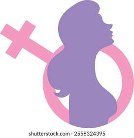 Stylized representation of the female gender symbol, there is a silhouette of a woman's profile in purple. This image represents femininity and contexts related to women's rights, gender