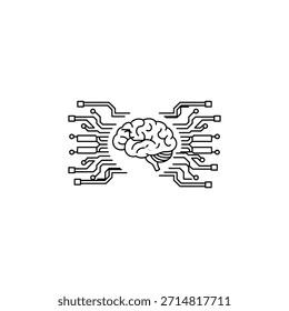 A stylized representation of a human brain connected to digital circuitry, symbolizing ai.