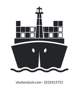 A stylized representation of a large container ship gliding across the water, featuring multiple cargo containers stacked on its deck, symbolizing global trade and transport.