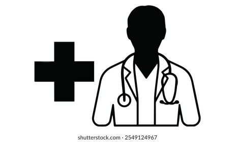 A stylized representation of a medical professional, possibly a doctor or a nurse. The figure is depicted in a frontal view, wearing a white coat with a stethoscope draped around the neck.