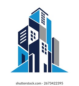 A stylized representation of a modern architectural structure, featuring geometric shapes and a color palette of blue, navy, and grey, suggesting innovation and progress.