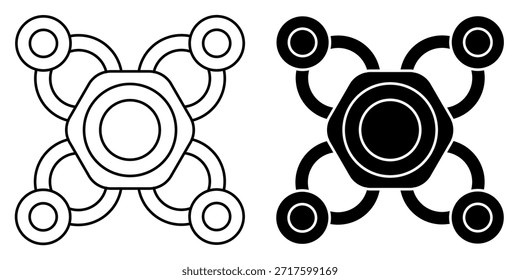 Representación estilizada de una estructura molecular con un núcleo hexagonal central y cuatro nodos circulares circundantes conectados por líneas curvas.
