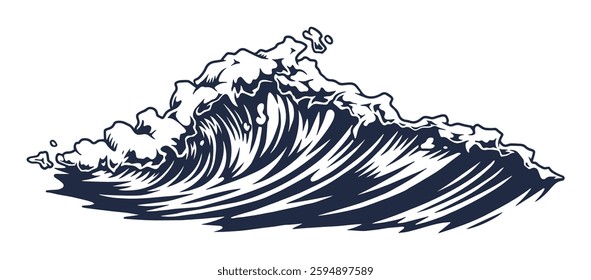 A stylized representation of an ocean wave with frothy white foam cresting atop deep blue water. The wave arcs gracefully capturing the dynamic essence of the sea.