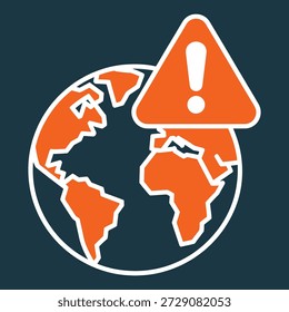 Stylized representation of planet Earth with an orange warning sign featuring an exclamation mark symbolizing global alerts or environmental concerns